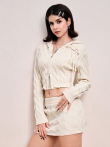 ROMWE Women's Crochet Braided Hooded Top And Button-Up Mini Skirt Knit Set - White - View 4