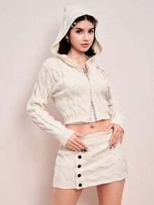 ROMWE Women's Crochet Braided Hooded Top And Button-Up Mini Skirt Knit Set - White - View 7
