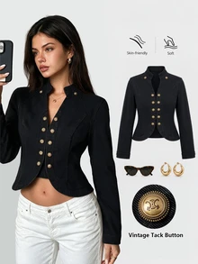 Sweetra Fashionable Casual Streetwear Girl Lady Vintage Street Style Napoleon Button Front Denim Jacket Night Out Black Fall - Black - View 2