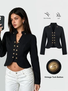 Sweetra Fashionable Casual Streetwear Girl Lady Vintage Street Style Napoleon Button Front Denim Jacket Night Out Black Fall - Black - View 1
