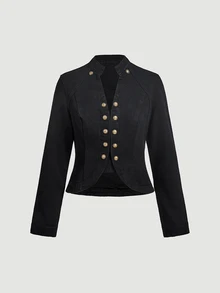 Sweetra Fashionable Casual Streetwear Girl Lady Vintage Street Style Napoleon Button Front Denim Jacket Night Out Black Fall - Black - View 3