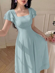 Modelyn 女款設計方領開衩三角中長洋裝 - 藍色 - 查看 7
