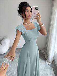 Modelyn 女款設計方領開衩三角中長洋裝 - 藍色 - 查看 6
