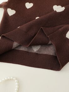 SHEIN 女童心形印花棕色羅紋高領長袖毛衣與長褲套裝 - 咖啡棕 - 查看 4