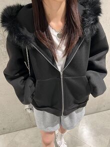 FRIFUL 女款保暖內裡毛領拼接落肩長袖前開襟拉鍊連帽運動外套休閒校園風 - 黑色 - 查看 4