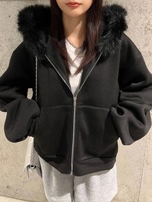 FRIFUL 女款保暖內裡毛領拼接落肩長袖前開襟拉鍊連帽運動外套休閒校園風 - 黑色 - 查看 6