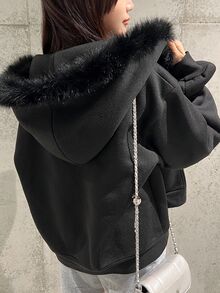 FRIFUL 女款保暖內裡毛領拼接落肩長袖前開襟拉鍊連帽運動外套休閒校園風 - 黑色 - 查看 1