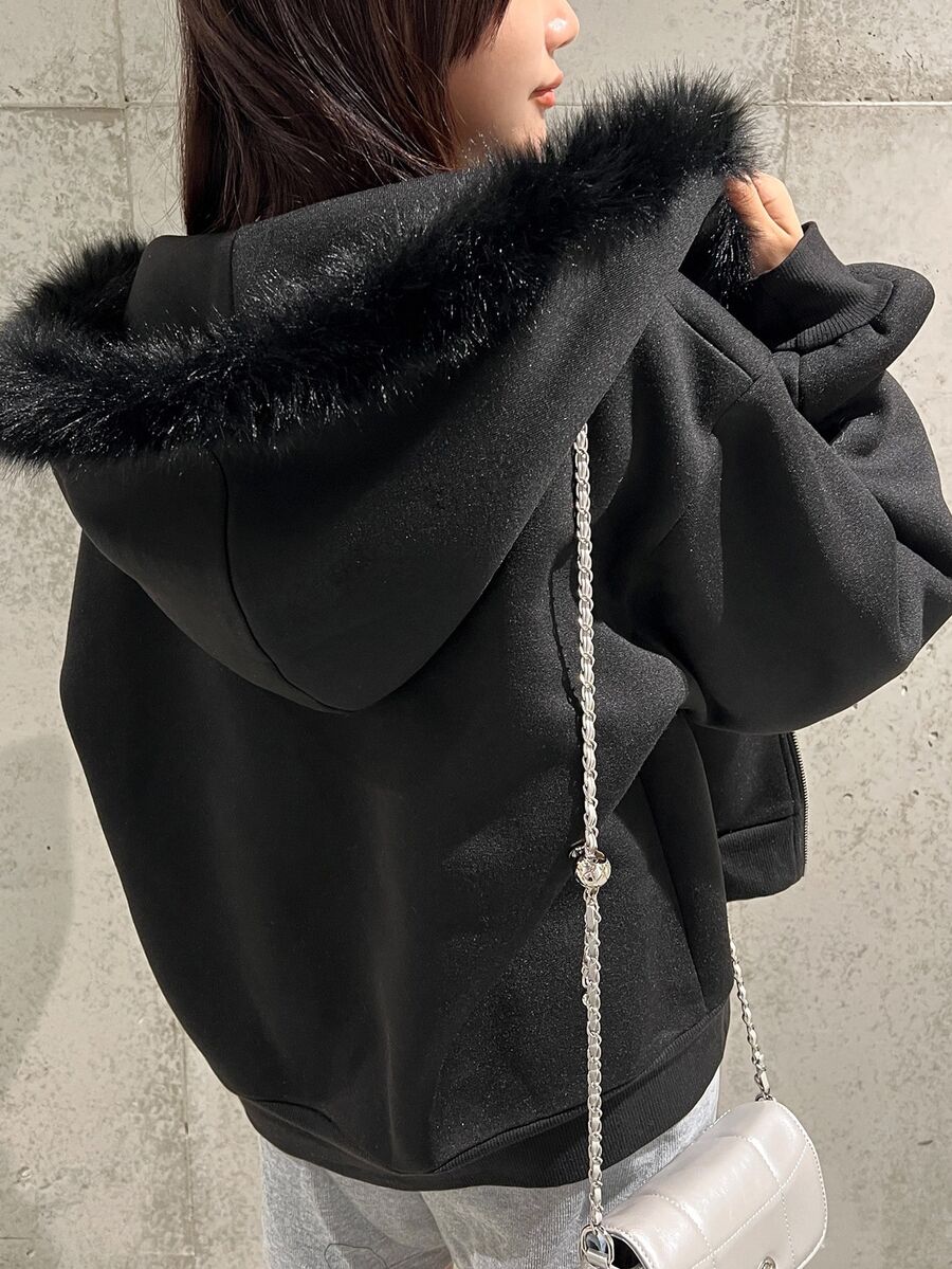 FRIFUL 女款保暖內裡毛領拼接落肩長袖前開襟拉鍊連帽運動外套休閒校園風 - 黑色 - 查看 1