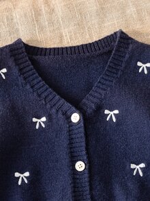 Souflis Baby Cardigan Girls' V-Neck Long Sleeve Bow Print Button Front Navy Blue Knit Cardigan - Navy Blue - View 3