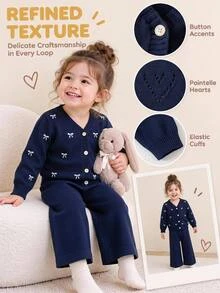 Souflis Baby Cardigan Girls' V-Neck Long Sleeve Bow Print Button Front Navy Blue Knit Cardigan - Navy Blue - View 1