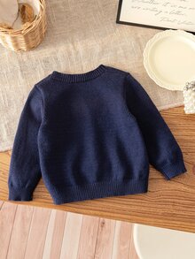 Souflis Baby Cardigan Girls' V-Neck Long Sleeve Bow Print Button Front Navy Blue Knit Cardigan - Navy Blue - View 2