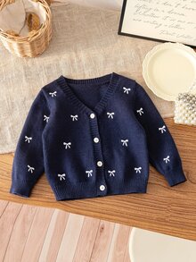 Souflis Baby Cardigan Girls' V-Neck Long Sleeve Bow Print Button Front Navy Blue Knit Cardigan - Navy Blue - View 8