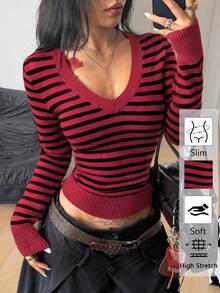 Coolane Red Striped Women's V-Neck Long Sleeve Fitted Sweater,Holiday Rave Outfit Date Night Y2K Punk Halloween Outfits,Music Festival Outfits,Y2K Sweater - Red - View 3