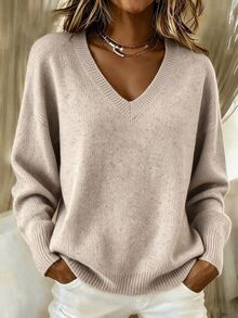 SHEIN Women's Elegant Daily Commute V-Neck Dropped Shoulder Long Sleeve Sweater - Khaki - View 2