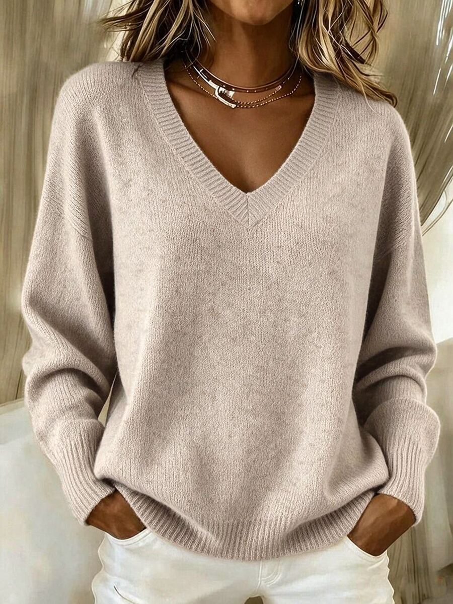SHEIN Women's Elegant Daily Commute V-Neck Dropped Shoulder Long Sleeve Sweater