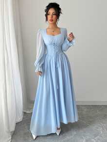 Modelyn French Elegant Waist Cinched Summer Dress, Minimalist And Fashionable Fall Cloth For Women - Blue - View 3