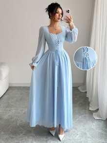 Modelyn French Elegant Waist Cinched Summer Dress, Minimalist And Fashionable Fall Cloth For Women - Blue - View 7