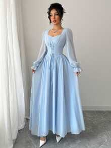 Modelyn French Elegant Waist Cinched Summer Dress, Minimalist And Fashionable Fall Cloth For Women - Blue - View 5