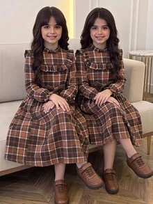 Tween Girls Plaid Frill Neck Ruffle Cape Trim Puff Sleeve Bow Front A-Line Casual Uniform Vintage Dress For Fall Winter Thanksgiving School - Multicolor - View 2