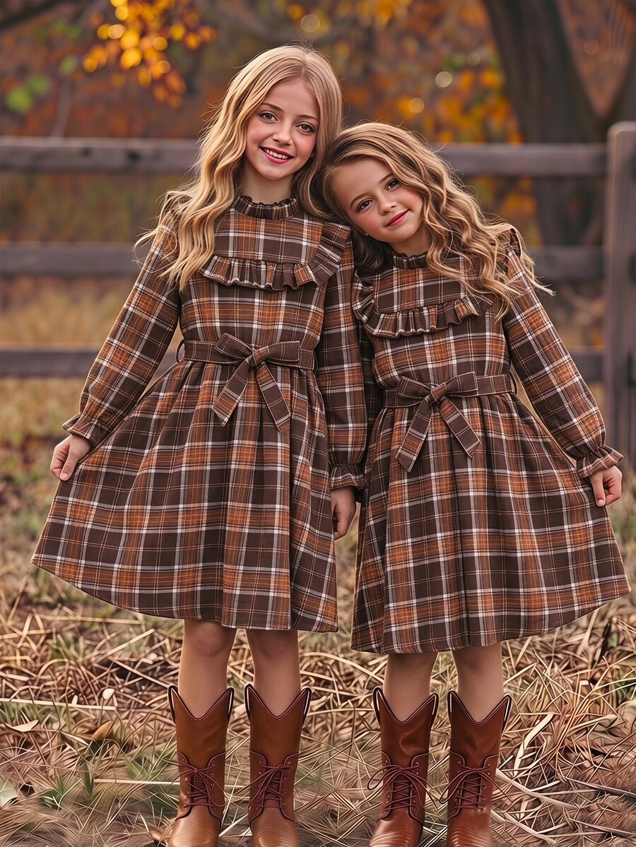 Tween Girls Plaid Frill Neck Ruffle Cape Trim Puff Sleeve Bow Front A-Line Casual Uniform Vintage Dress For Fall Winter Thanksgiving School - Multicolor - View 1