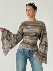Siren Gaze 女款 2000 年代街頭風休閒韓式橄欖綠格紋拼色 T 恤，適合日常穿著、早午餐、秋季日常 - 彩色 - 查看 5
