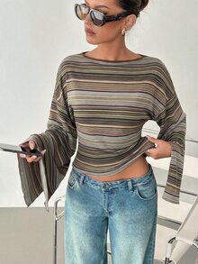 Siren Gaze 女款 2000 年代街頭風休閒韓式橄欖綠格紋拼色 T 恤，適合日常穿著、早午餐、秋季日常 - 彩色 - 查看 8