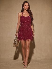 SHEIN BAE Burgundy Sequin Fringe Bodycon Mini Dress, Wedding Guest Party Dress, Christmas New Year Eve Cocktail Dress For Women - Burgundy - View 4