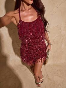 SHEIN BAE Burgundy Sequin Fringe Bodycon Mini Dress, Wedding Guest Party Dress, Christmas New Year Eve Cocktail Dress For Women - Burgundy - View 6
