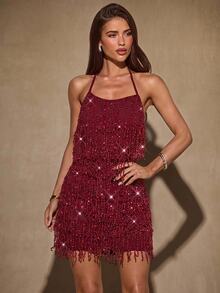 SHEIN BAE Burgundy Sequin Fringe Bodycon Mini Dress, Wedding Guest Party Dress, Christmas New Year Eve Cocktail Dress For Women - Burgundy - View 5
