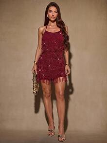 SHEIN BAE Burgundy Sequin Fringe Bodycon Mini Dress, Wedding Guest Party Dress, Christmas New Year Eve Cocktail Dress For Women - Burgundy - View 7