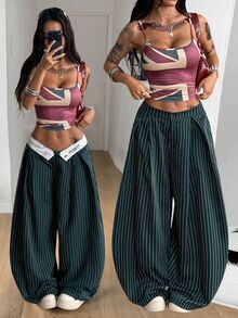 Coolane 女款秋冬外出休閒街頭風日常運動風深綠色條紋香蕉哈倫褲，辦公穿搭休閒長褲 - 橄欖綠 - 查看 3
