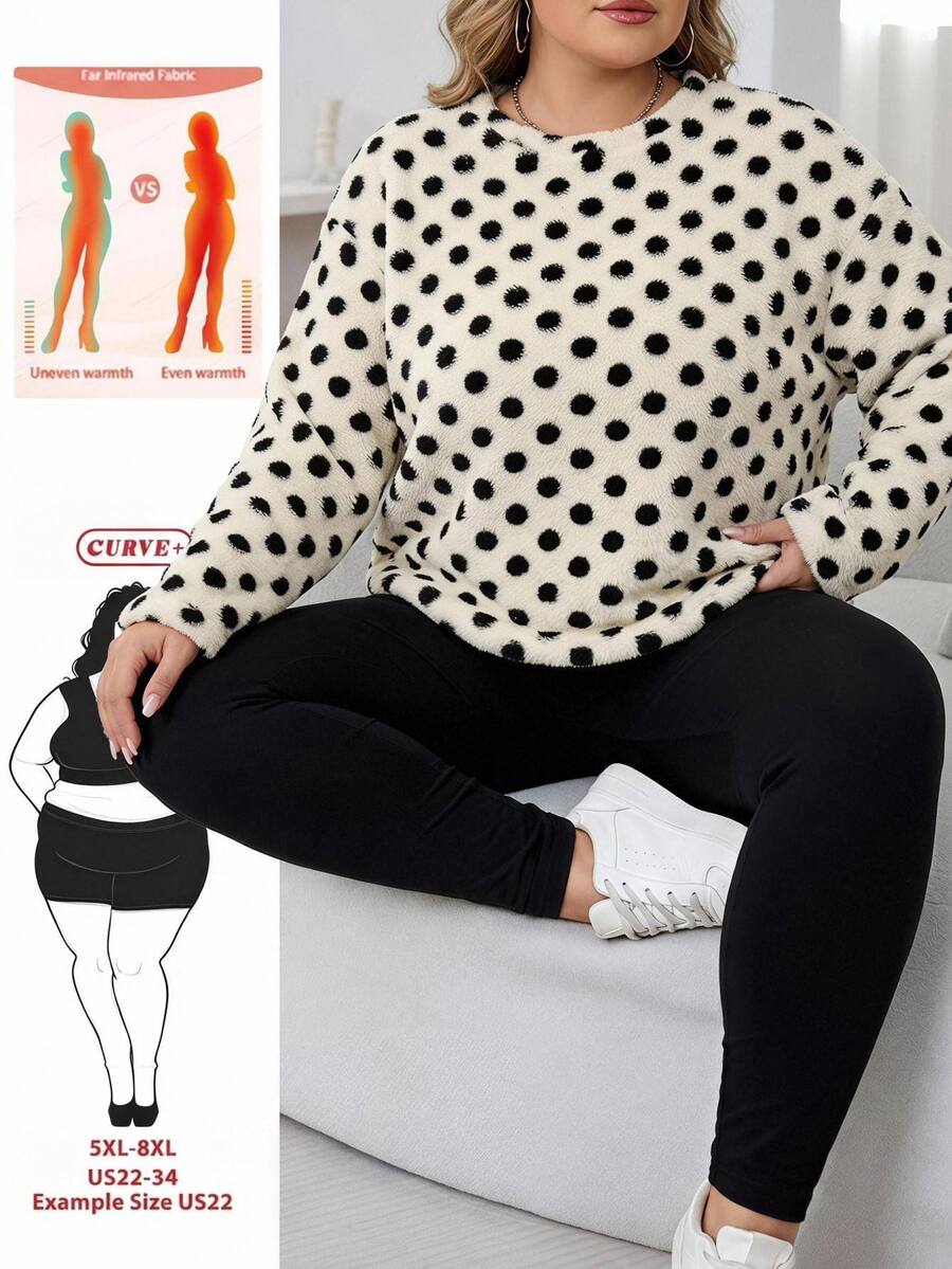SHEIN CURVE+ 大尺碼女款波點圖案長袖圓領抓絨上衣與長褲兩件套，秋季居家生日正式米色黑色休閒可愛風 - 黑與白 - 查看 1