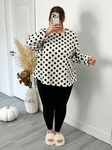 SHEIN CURVE+ 大尺碼女款波點圖案長袖圓領抓絨上衣與長褲兩件套，秋季居家生日正式米色黑色休閒可愛風 - 黑與白 - 查看 2