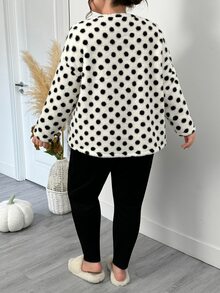 SHEIN CURVE+ 大尺碼女款波點圖案長袖圓領抓絨上衣與長褲兩件套，秋季居家生日正式米色黑色休閒可愛風 - 黑與白 - 查看 3