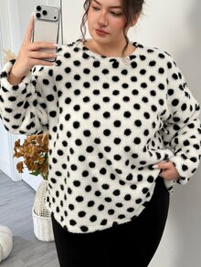 SHEIN CURVE+ 大尺碼女款波點圖案長袖圓領抓絨上衣與長褲兩件套，秋季居家生日正式米色黑色休閒可愛風 - 黑與白 - 查看 4