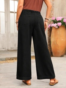 Breezaya Quần jeans ống rộng cạp dây rút màu đen phong cách thường ngày đường phố cho du lịch và kỳ nghỉ mùa thu - màu đen - Xem 2