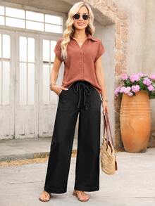 Breezaya Quần jeans ống rộng cạp dây rút màu đen phong cách thường ngày đường phố cho du lịch và kỳ nghỉ mùa thu - màu đen - Xem 1