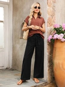 Breezaya Quần jeans ống rộng cạp dây rút màu đen phong cách thường ngày đường phố cho du lịch và kỳ nghỉ mùa thu - màu đen - Xem 4