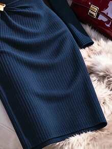Franclia Autumn/Winter New Elegant High Neck Knit Long Sleeve Dress - Blue - View 3