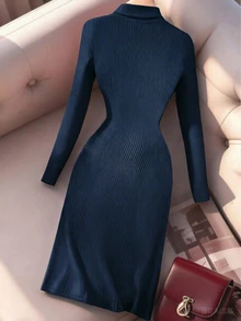 Franclia Autumn/Winter New Elegant High Neck Knit Long Sleeve Dress - Blue - View 2