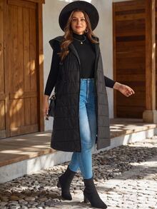 EMERY ROSE Women's Plus Size Hooded Sleeveless Long Padded Coat Winter Clothes Fall Winter 2026 Black Vest Long Down Jacket - Black - View 3