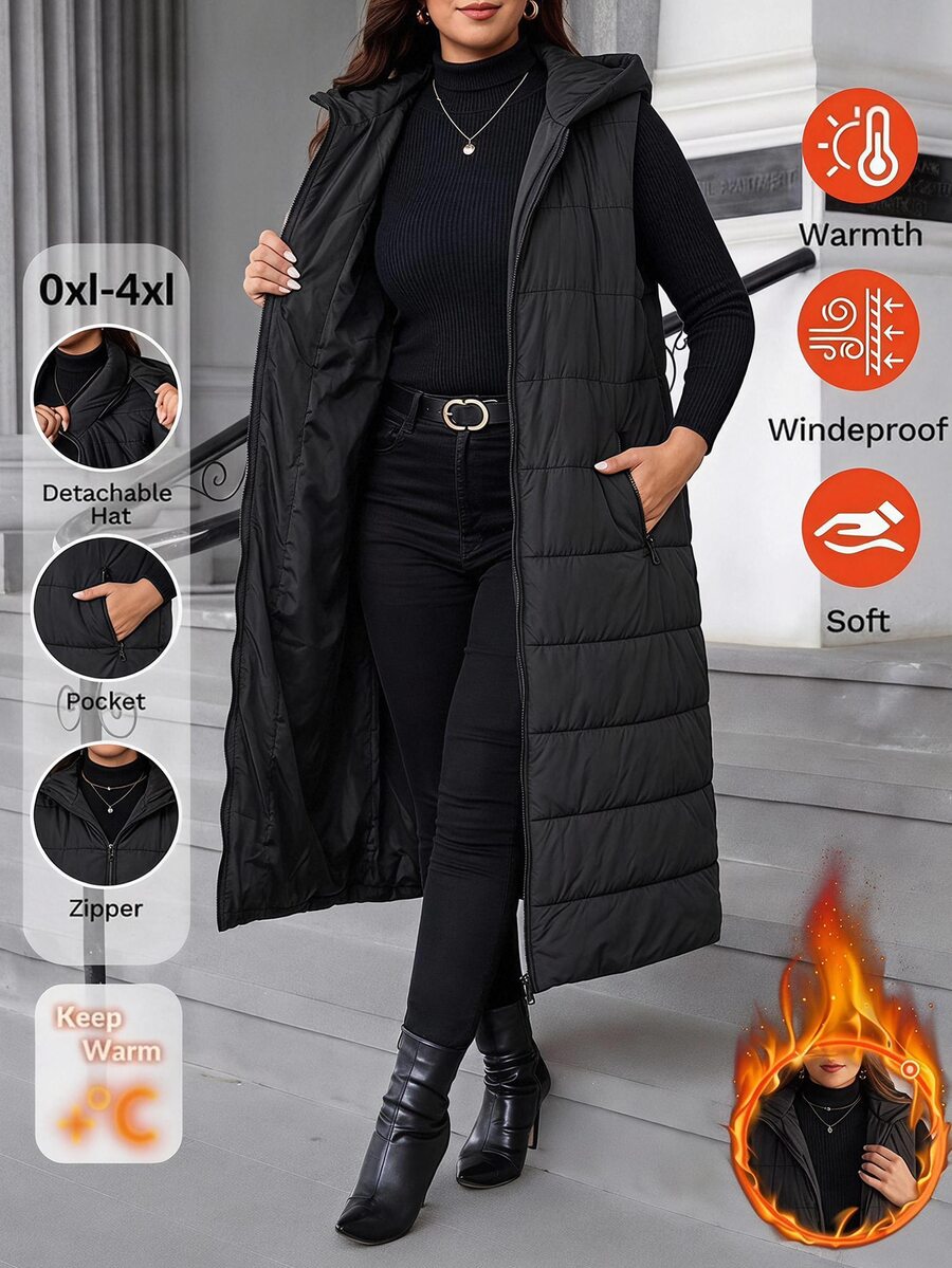 EMERY ROSE Women's Plus Size Hooded Sleeveless Long Padded Coat Winter Clothes Fall Winter 2026 Black Vest Long Down Jacket - Black - View 1