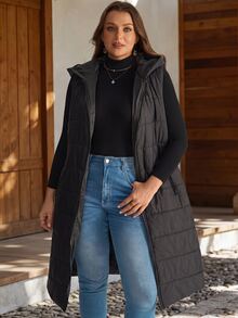 EMERY ROSE Women's Plus Size Hooded Sleeveless Long Padded Coat Winter Clothes Fall Winter 2026 Black Vest Long Down Jacket - Black - View 6