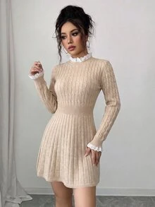 Yunfilé Autumn/Winter French Vintage Style Knitted Dress, Gentle Sweet Style With Ruffle Collar + Lace Cuffs, Waist-Cinched A-Line Dress Design, Versatile Slimming Sweater Dress For Dating And Commuting, Women - Khaki - View 8