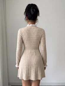 Yunfilé Autumn/Winter French Vintage Style Knitted Dress, Gentle Sweet Style With Ruffle Collar + Lace Cuffs, Waist-Cinched A-Line Dress Design, Versatile Slimming Sweater Dress For Dating And Commuting, Women - Khaki - View 3