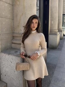 Yunfilé Autumn/Winter French Vintage Style Knitted Dress, Gentle Sweet Style With Ruffle Collar + Lace Cuffs, Waist-Cinched A-Line Dress Design, Versatile Slimming Sweater Dress For Dating And Commuting, Women - Khaki - View 4