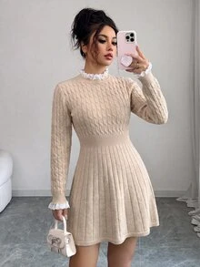 Yunfilé Autumn/Winter French Vintage Style Knitted Dress, Gentle Sweet Style With Ruffle Collar + Lace Cuffs, Waist-Cinched A-Line Dress Design, Versatile Slimming Sweater Dress For Dating And Commuting, Women - Khaki - View 7