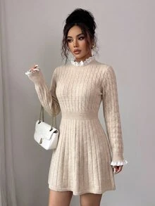 Yunfilé Autumn/Winter French Vintage Style Knitted Dress, Gentle Sweet Style With Ruffle Collar + Lace Cuffs, Waist-Cinched A-Line Dress Design, Versatile Slimming Sweater Dress For Dating And Commuting, Women - Khaki - View 10