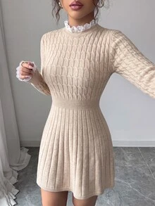 Yunfilé Autumn/Winter French Vintage Style Knitted Dress, Gentle Sweet Style With Ruffle Collar + Lace Cuffs, Waist-Cinched A-Line Dress Design, Versatile Slimming Sweater Dress For Dating And Commuting, Women - Khaki - View 9