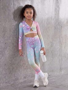 SHEIN Young Girls' Long Sleeve Crop Top And Leggings Set, Baby Pink, All-Over Star Print, Twist-Front V-Neck, Solid, 7th Birthday Fall Cowgirl - Black - View 5